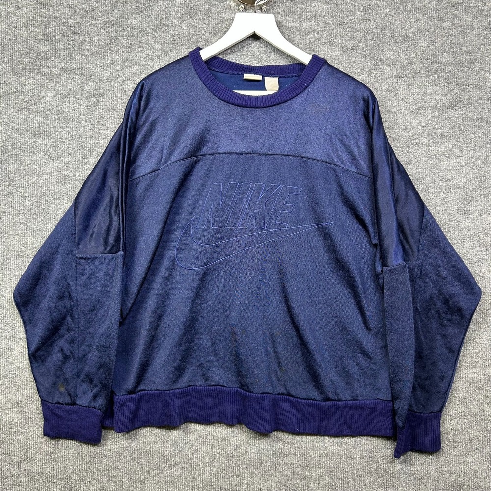 Nike Sweatshirt Mens L Navy Blue Good VTG Embroidered Spellout Crewneck Pullover